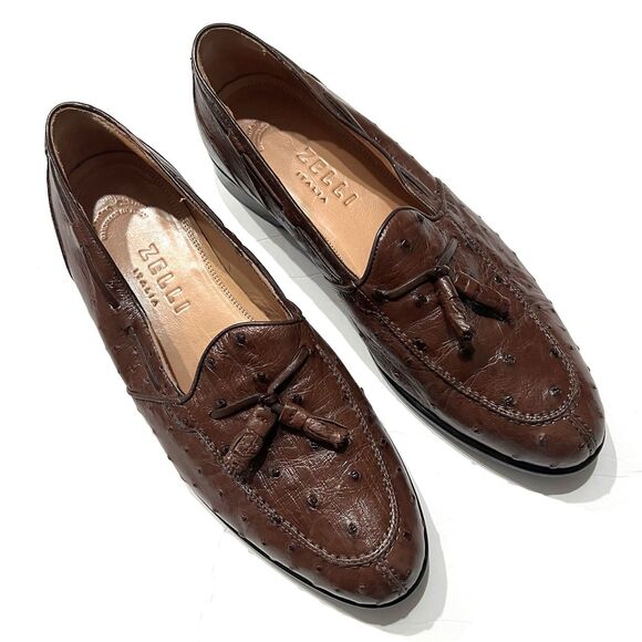 Zelli Franco Ostrich Quill Tassel Loafers in brown Size 11.5 - Picture 1 of 5